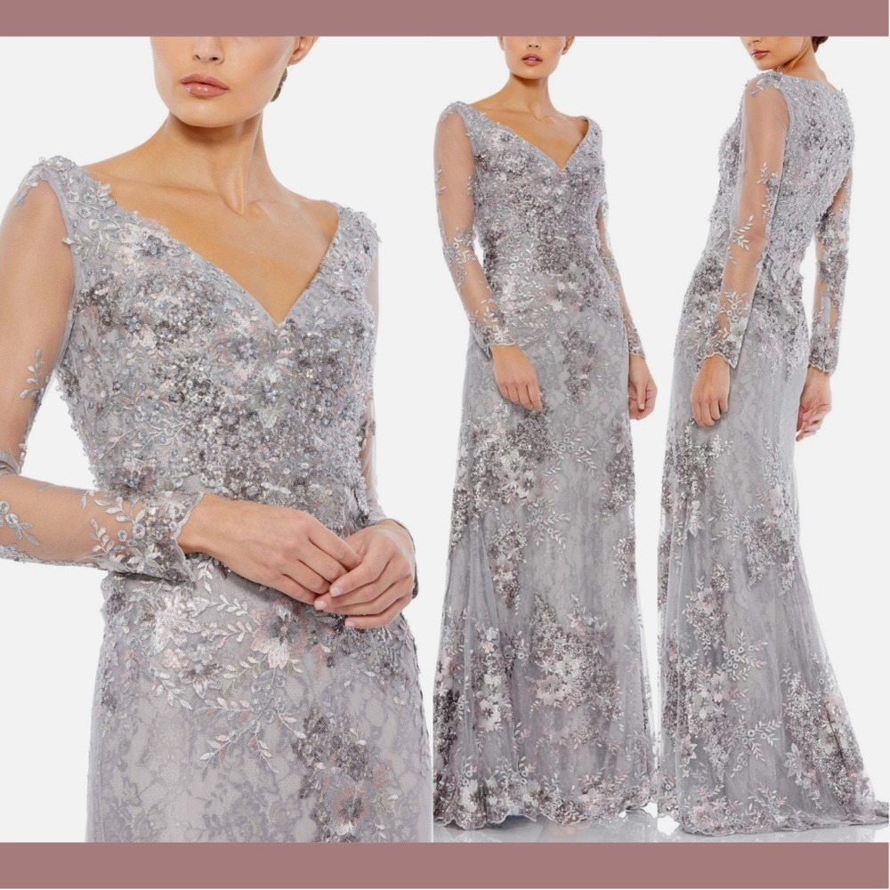 NEW $698 Mac Duggal [ 10 ] Embellished V-Neck Illusion Long Sleeve Gown‎ Silver